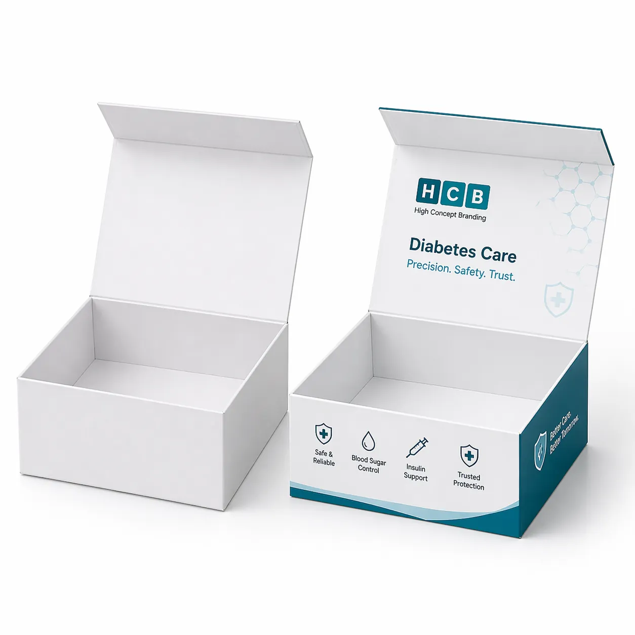 A premium white retail box standing beside a branded blue box for luxury insulin pens. class=